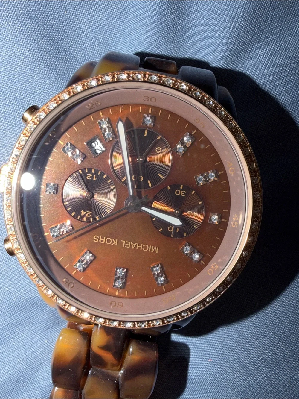 Michael Kors Gold Tone and Tortoise Shell Crystal-Accented Chronograph Watch